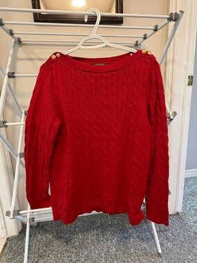 1XL Ralph Lauren Red Cable-Knit Crewneck Sweater with Gold Buttons